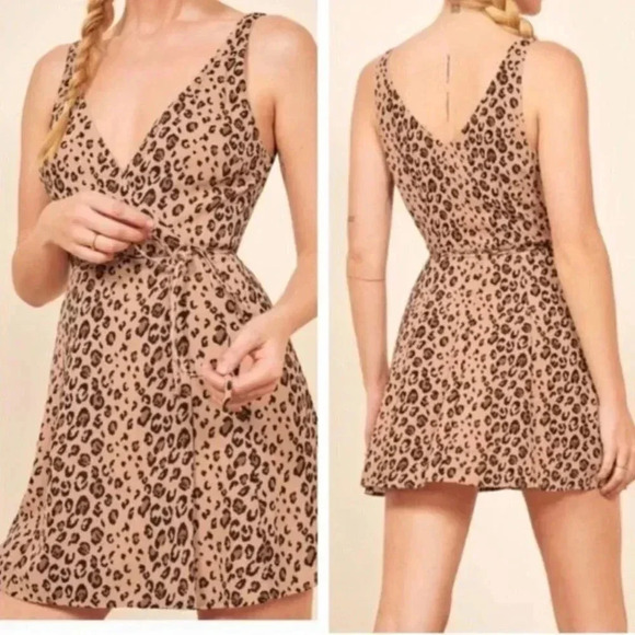 Reformation Brown Leopard Cheetah Animal Anchorage Wrap Dress Mini Small - Picture 1 of 6